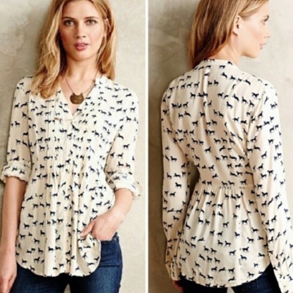 MAEVE Anthropologie Horse Print Pintuck Tunic